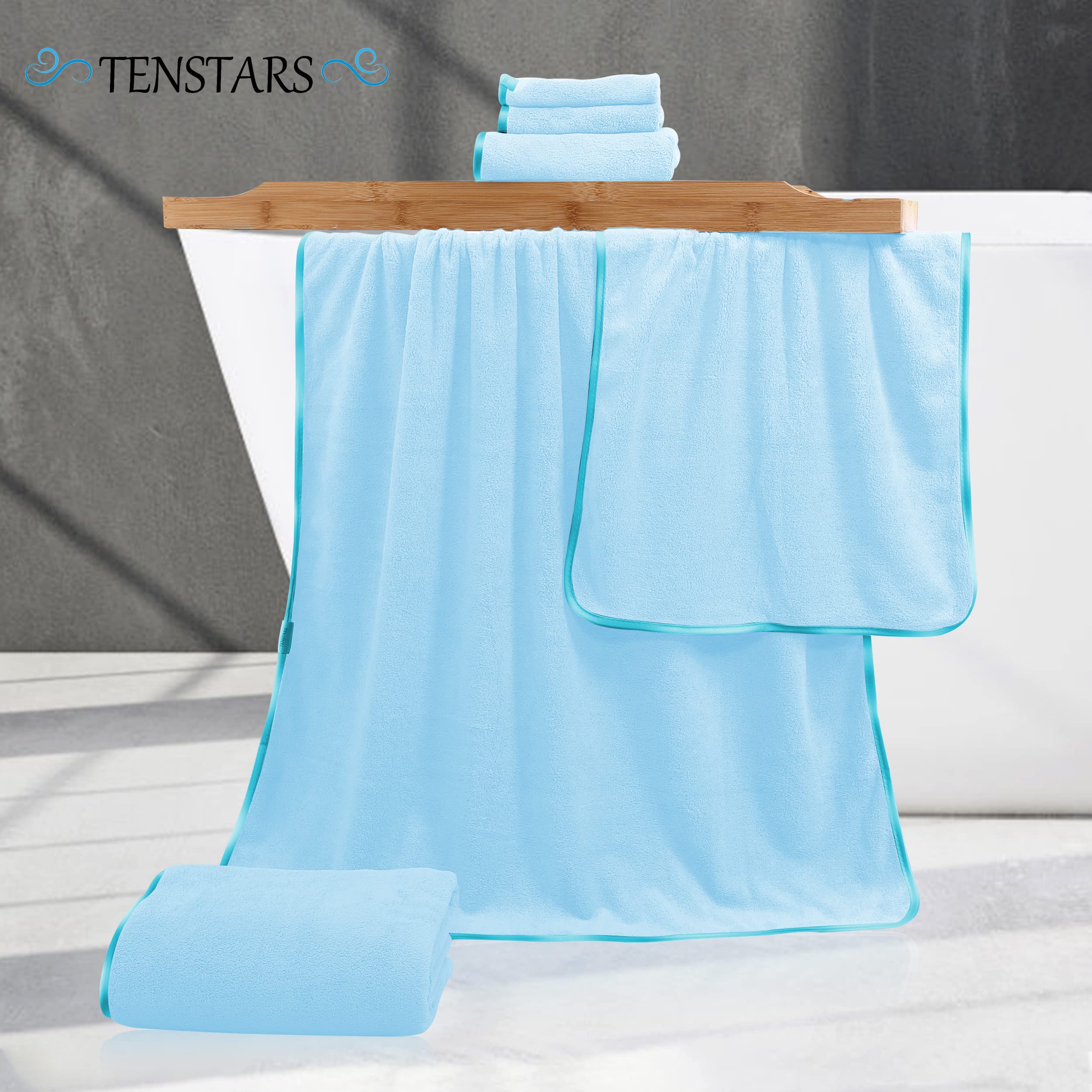 TENSTARS Luxury Silk Hemming Towel Set - Light Thin Quick Drying - 2 Bath Towels 2 Hand Towels 2 Washcloths - Ultra Soft Microfiber Towel for Bath Fitness  Sports  Yoga  Travel (Aquamarine 6 Pieces)